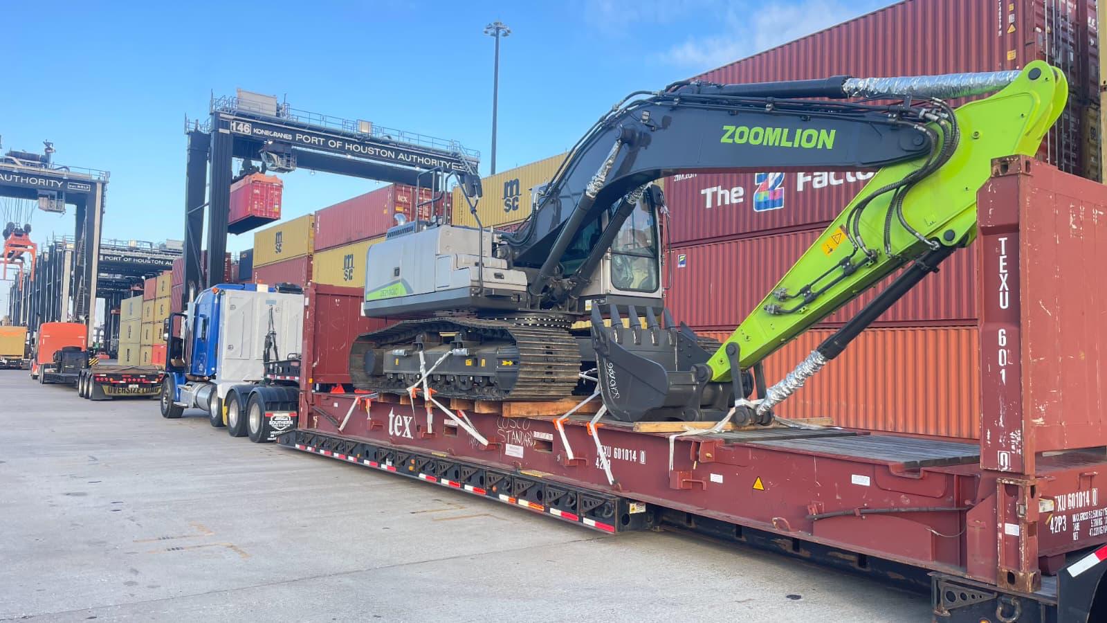 Zoomlion excavator loaded on a flatbed at the Port of Houston